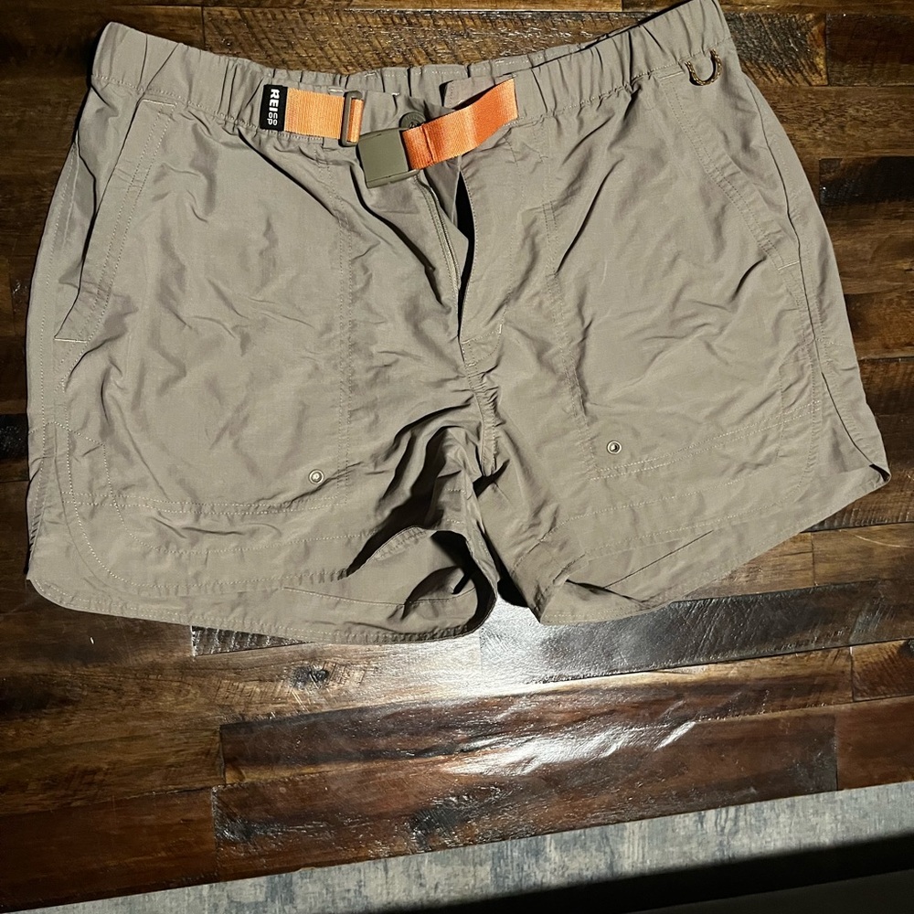 REI Khaki Shorts with Vibrant Orange Belt